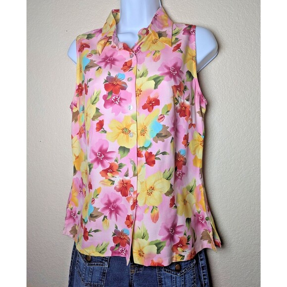 Pink Yellow Tropical Floral Silk Tank Top Size Medium Festival Retro Vacation - Picture 1 of 6